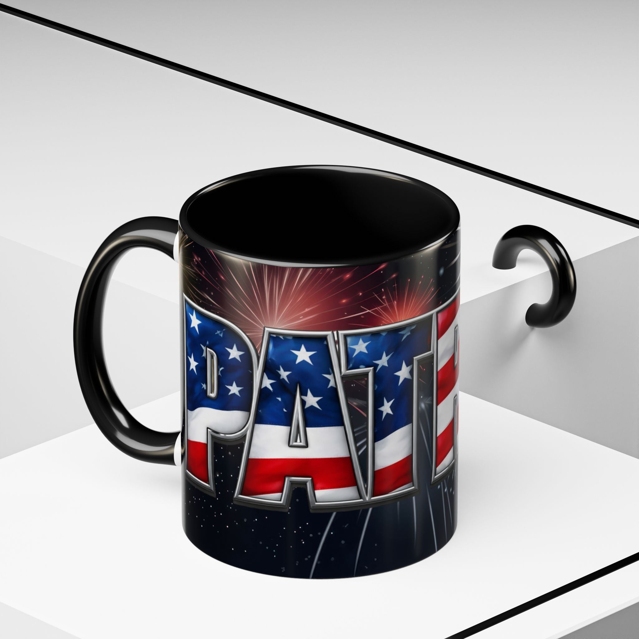 Patriotic "AMERICA" Accent Coffee Mug — American Flag Fireworks 11/15oz